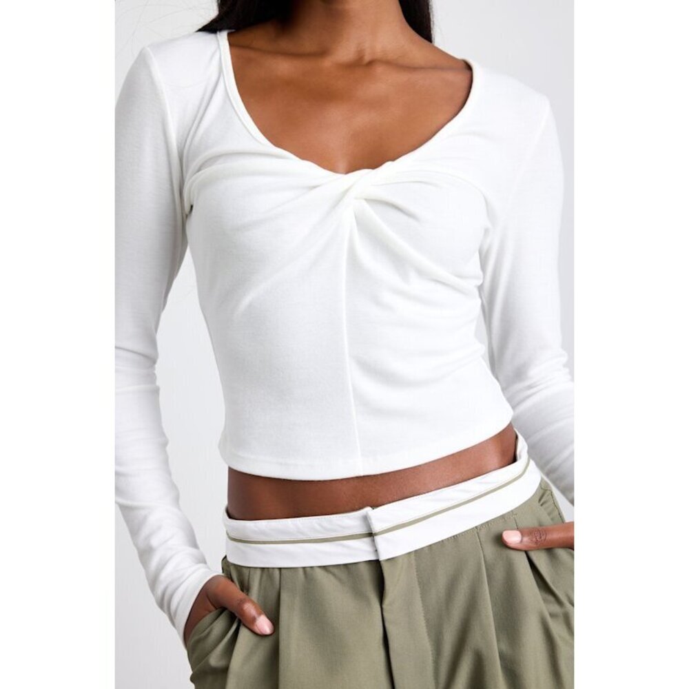 Lulus Firona Ivory Jersey Knit Twist-front Long Sleeve Top White - Size L